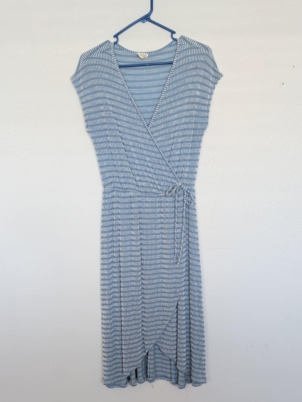 Caution To The Wind Light Blue & White Striped Wrap Midi Dress
